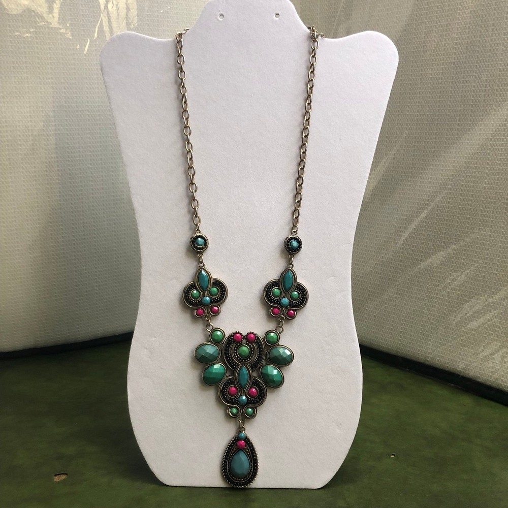 Fashion Necklace Egyptian Style, Multi-Colored faux Stones, Goldtone Chain 30”